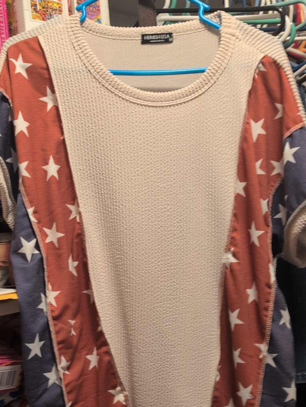 HEIMISH USA Beige Knit Top with Rust and Navy Star Panels